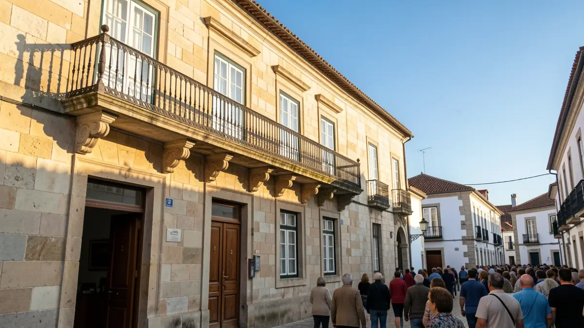 Stone facade of a municipal building with an ornate balcony and afternoon sunlight.