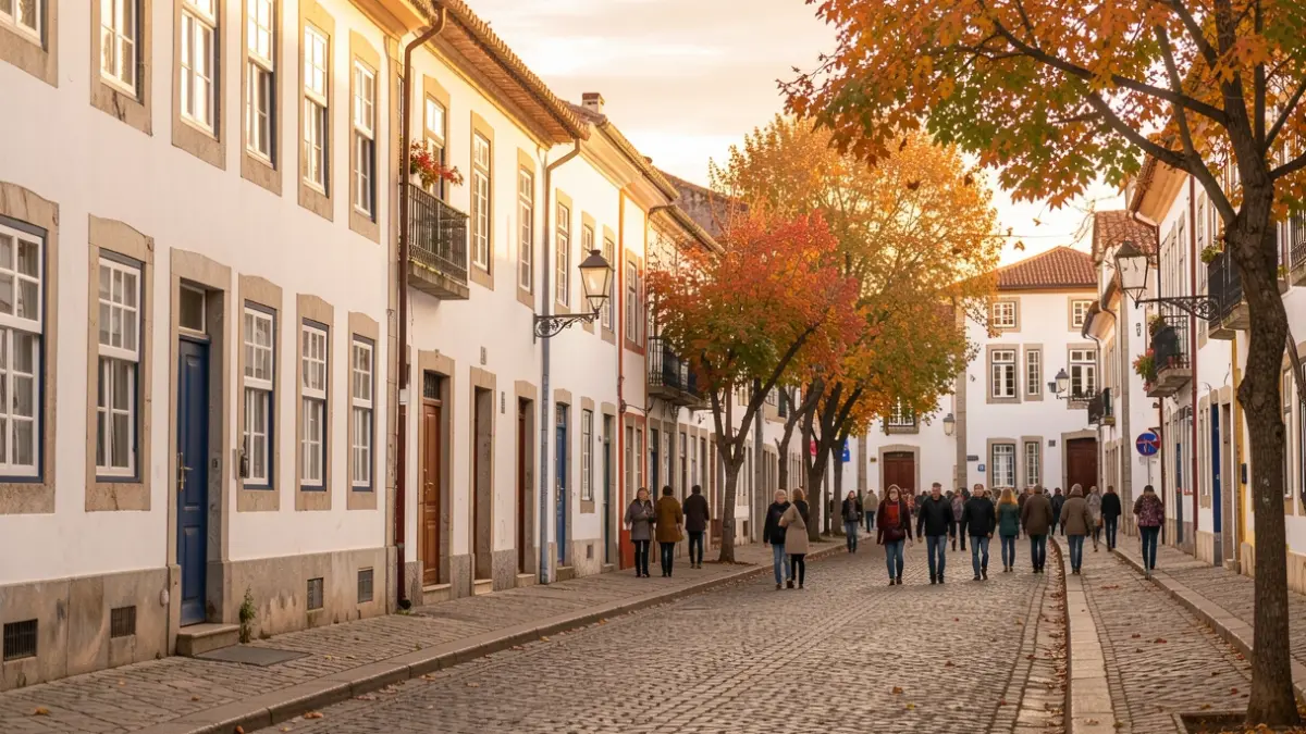 Imagem genérica de um centro histórico português com arquitetura tradicional e iluminação de outono.