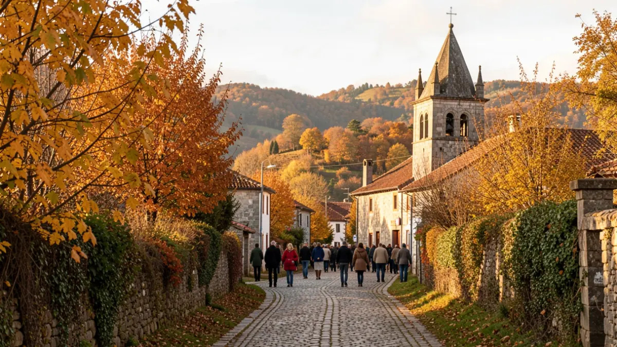 Imagem genérica de uma paisagem outonal numa aldeia de montanha portuguesa com folhagem dourada e um caminho de pedra.