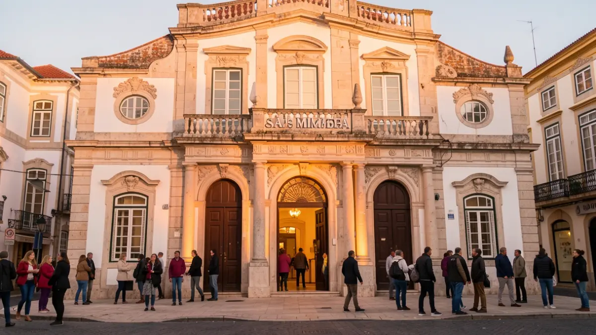 Fachada do Teatro Municipal Sá de Miranda em Viana do Castelo, Portugal, iluminada ao entardecer.