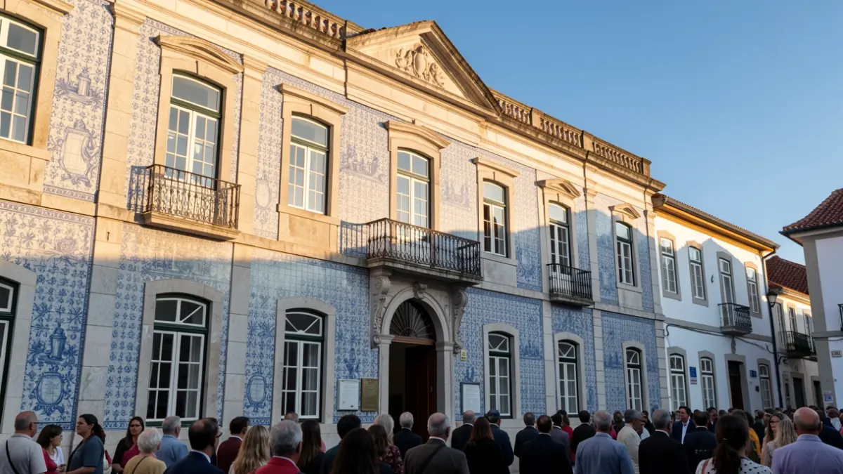 Imagem genérica de uma fachada de edifício público português com azulejos e varanda, à luz do fim da tarde.