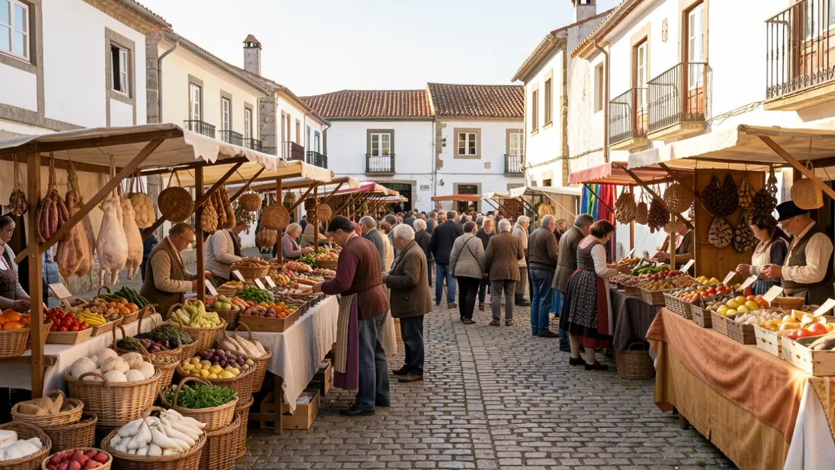 Imagen genérica de una feria gastronómica tradicional en Portugal, con puestos de productos locales y arquitectura típica.