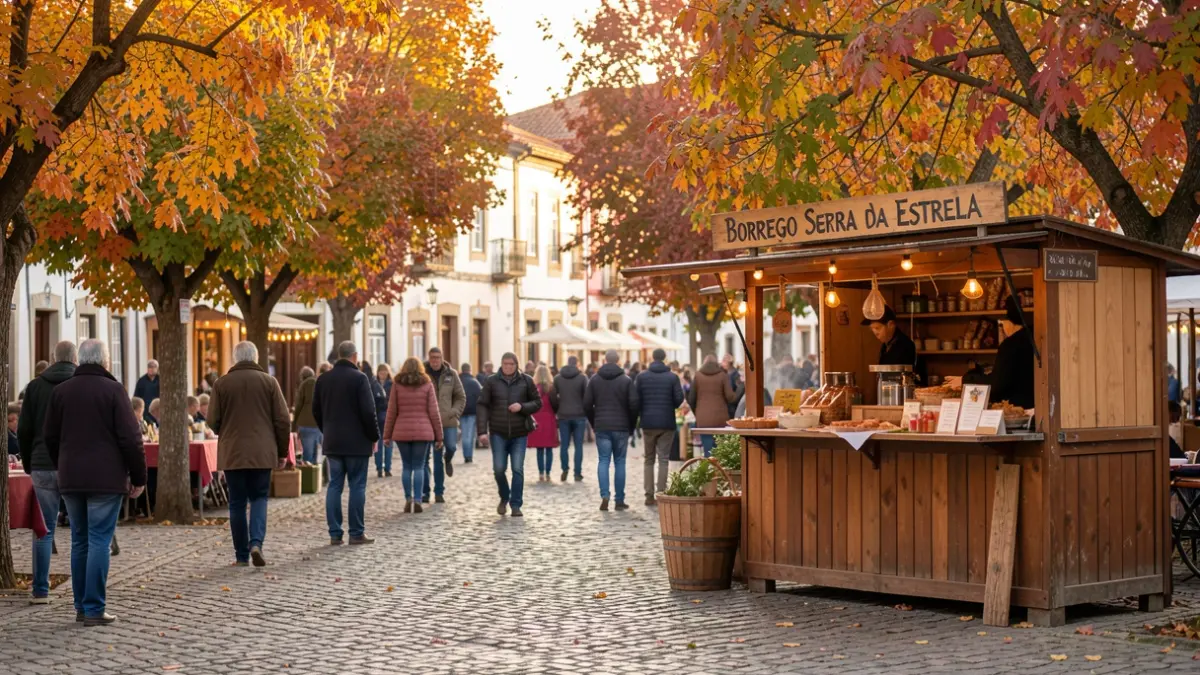 Generic image of a festival square in Portugal with food stalls and people celebrating in autumn.