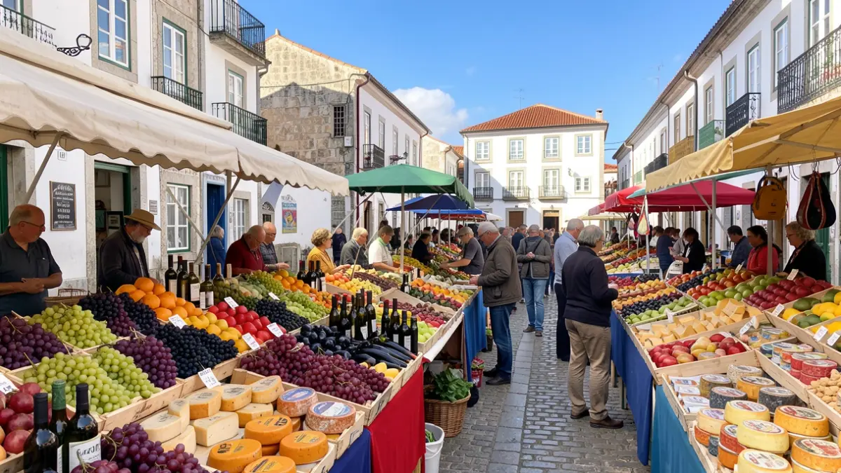Imagem genérica de uma feira de produtos regionais em Portugal, com bancas cheias de frutas, vinhos e queijos, e pessoas a passear.