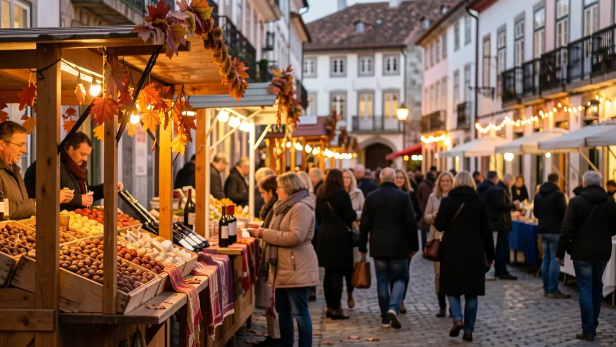Imagem genérica de uma praça portuguesa decorada para um festival de outono, com bancas a vender castanhas e vinho, luzes quentes e pessoas ao fundo.