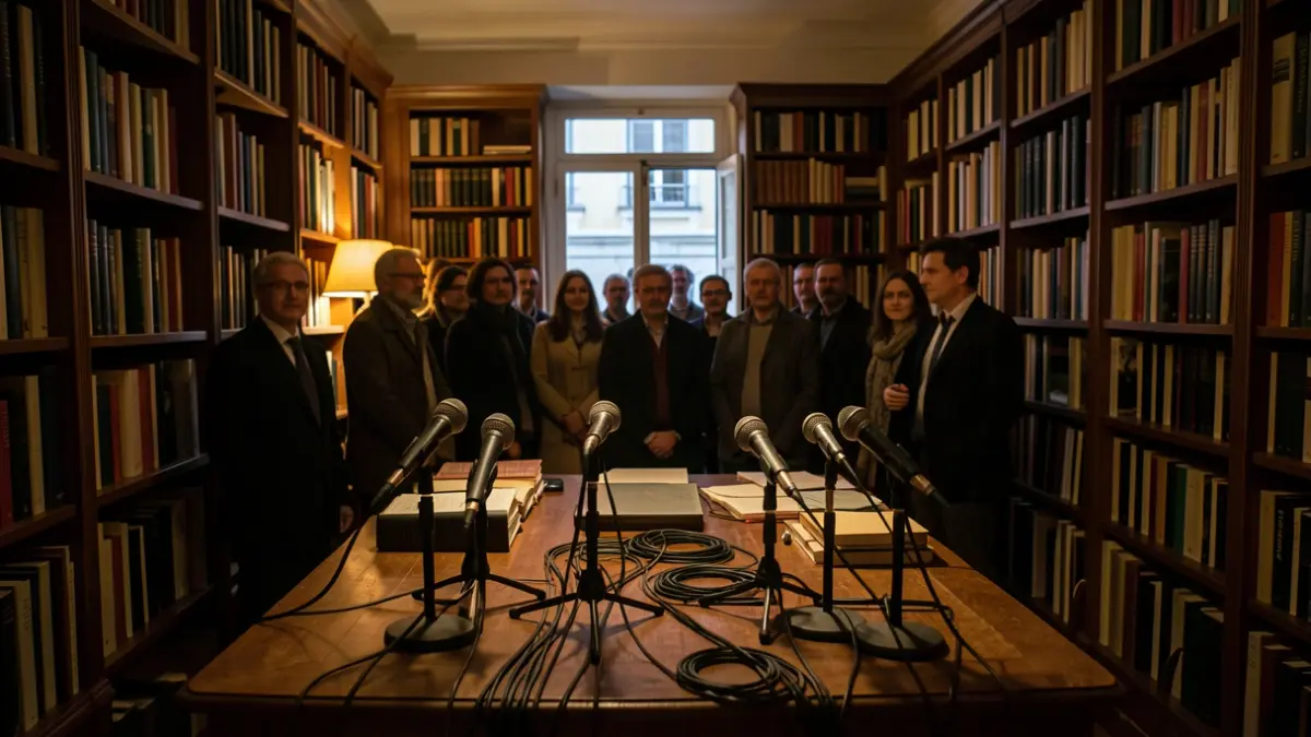 Imagen de una sala en la Casa Fernando Pessoa, Lisboa, con micrófonos y estanterías de libros, sugiriendo un evento literario.