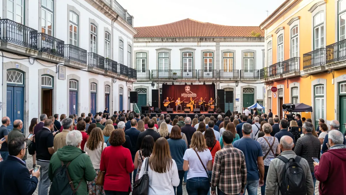 Generic image of a cultural festival in Portugal, featuring elements of theater, music, and cinema, in an engaging atmosphere with Portuguese architecture.