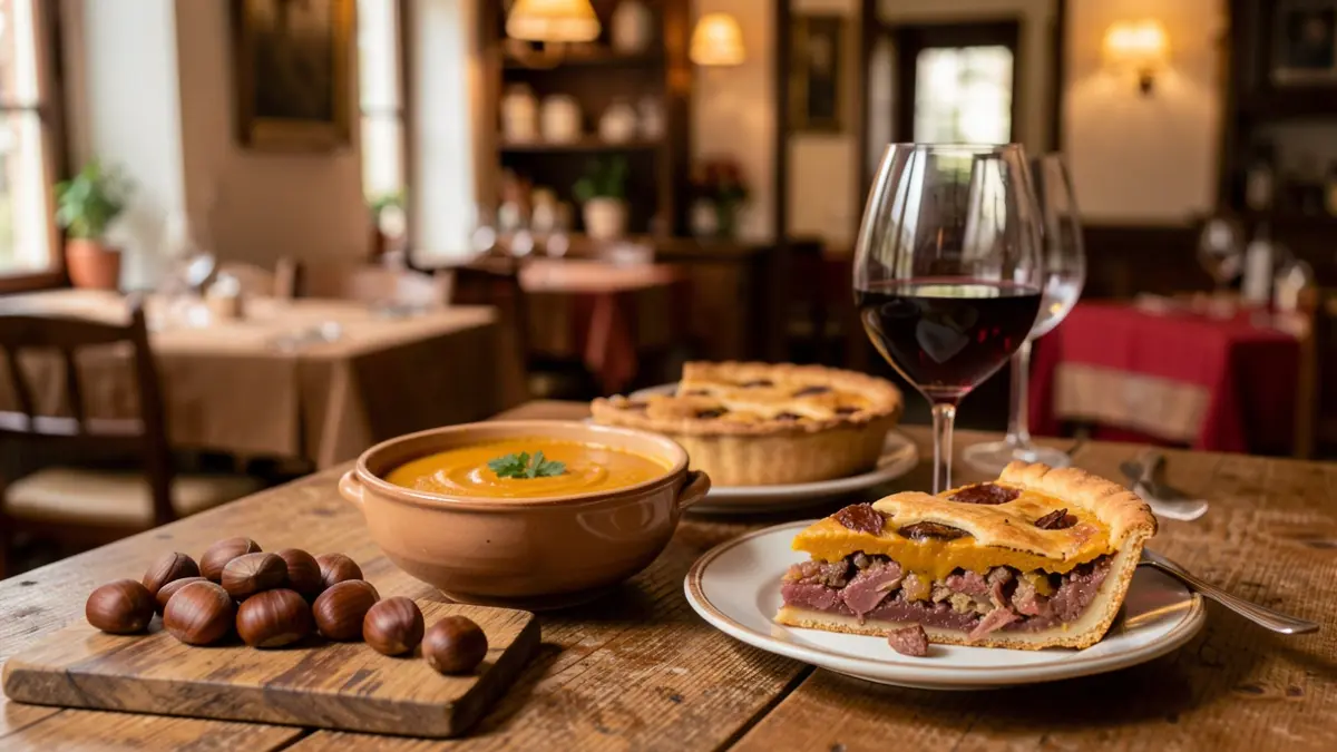Mesa rústica com iguarias de outono: castanhas assadas, sopa de abóbora, empada de caça e vinho tinto.