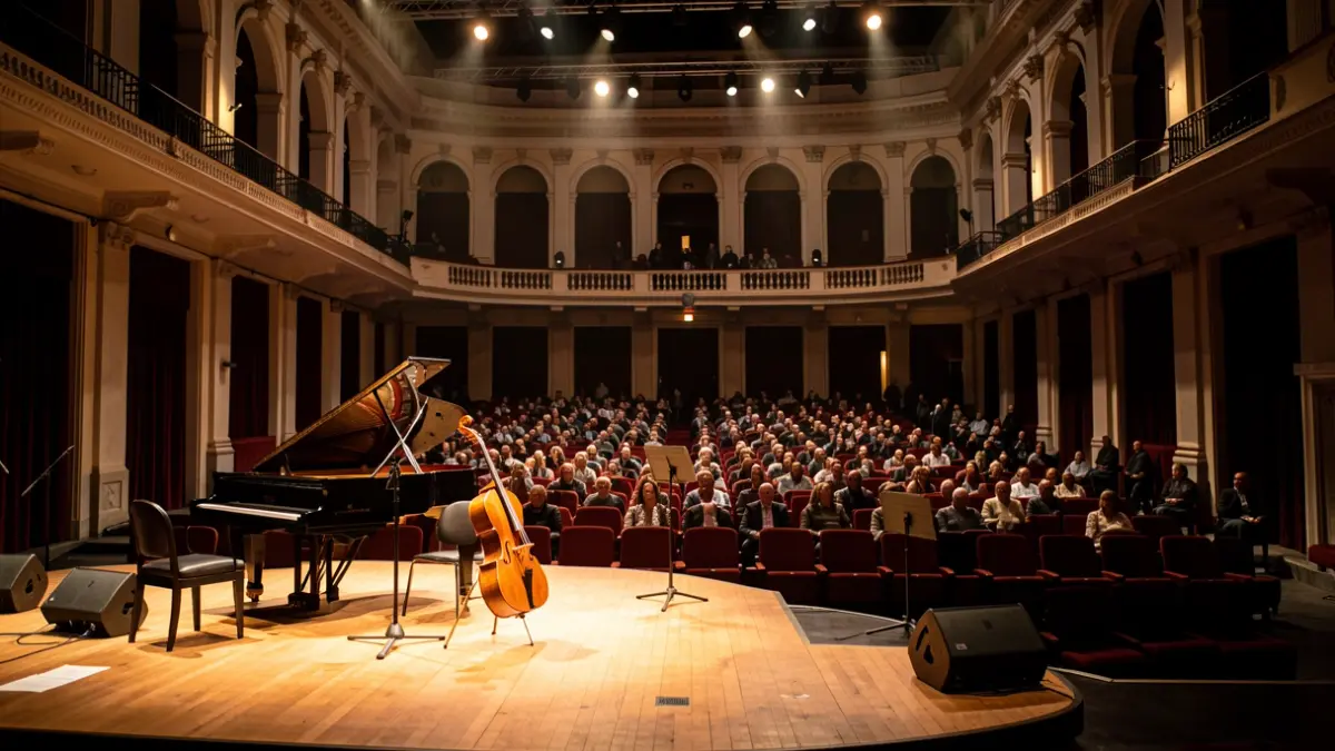 Imagen genérica de un escenario de concierto vacío con instrumentos musicales e iluminación ambiental.