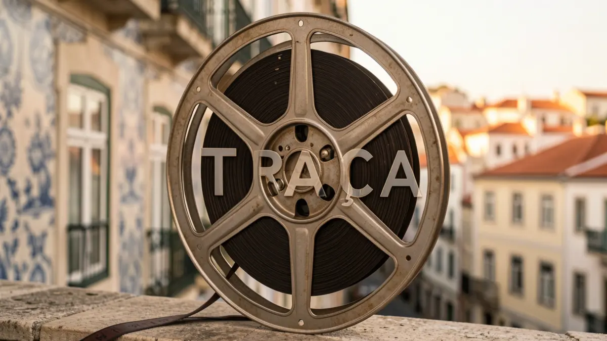 Close-up de uma bobina de filme antiga com o título 'TRAÇA' integrado subtilmente, sobre um fundo desfocado da arquitetura de azulejos de Lisboa e uma sugestão do bairro de Campolide, iluminação quente e nostálgica.