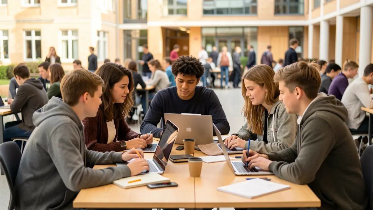 Imagem genérica de um grupo de jovens estudantes a colaborar numa sala de co-working universitária, com computadores e cadernos sobre a mesa.