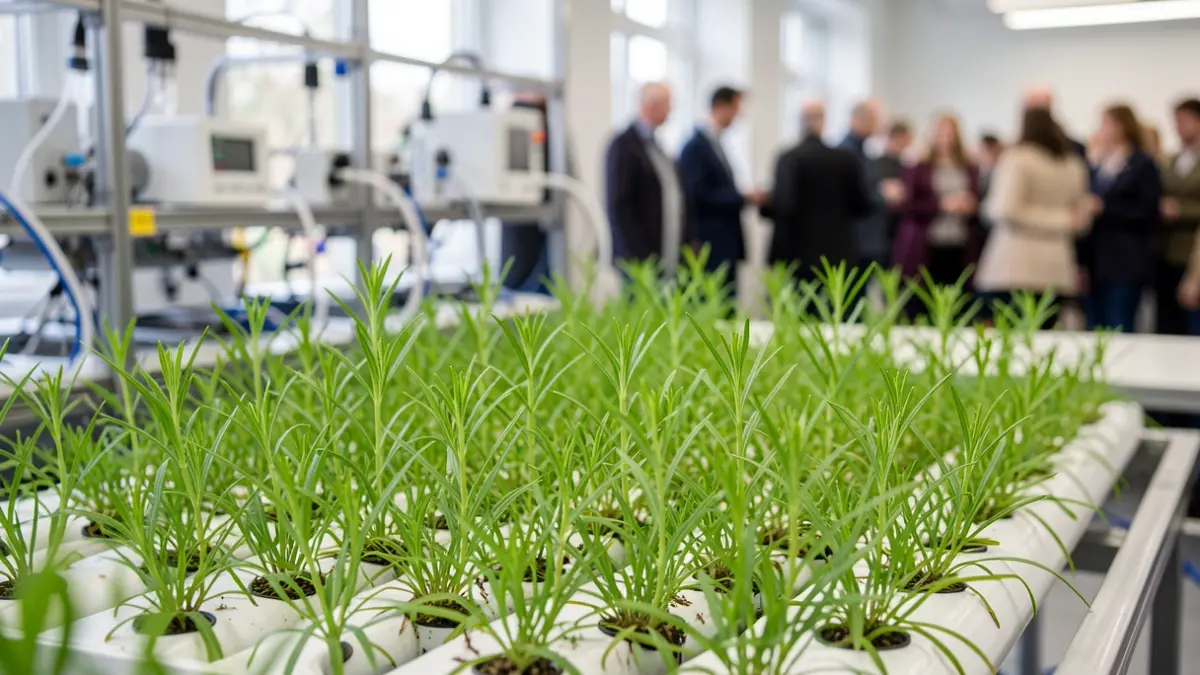 Generic image of green plants growing in a hydroponic system with blurred laboratory equipment in the background.