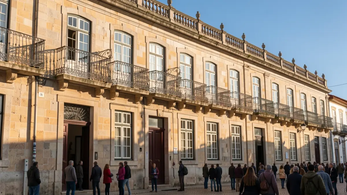 Fachada de um edifício municipal em Figueira da Foz, com detalhes arquitetónicos e luz solar.
