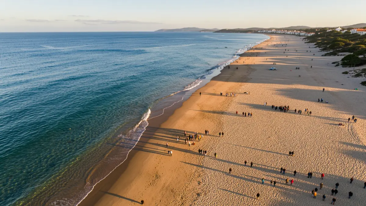 Generic image of a sandy beach in Portugal at sunset.
