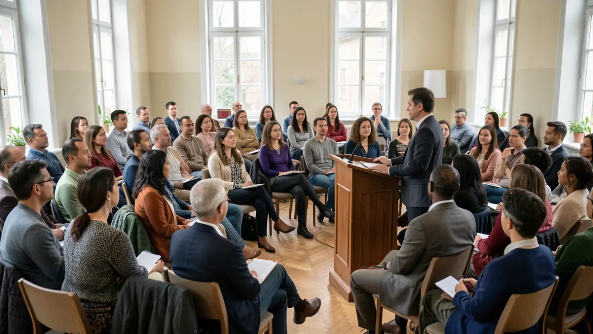 Imagem genérica de um grupo diversificado de pessoas a assistir a uma sessão informativa num salão comunitário.