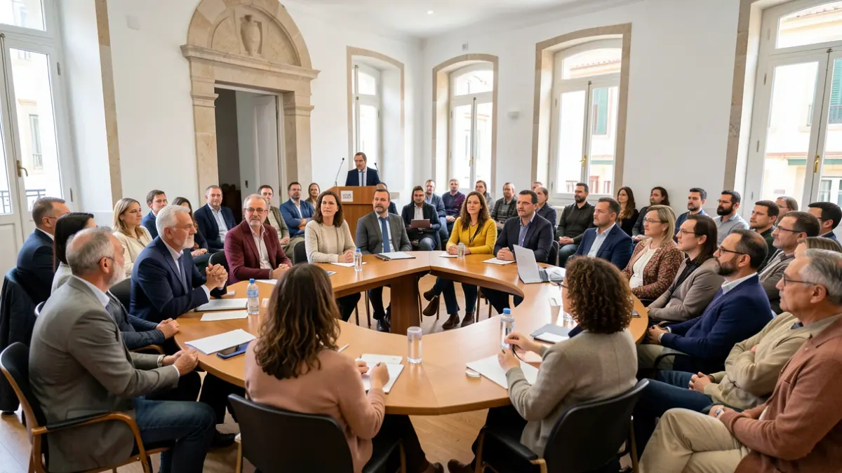 Generic image of a diverse group of people gathered in a meeting room in Portugal, listening to a speaker.