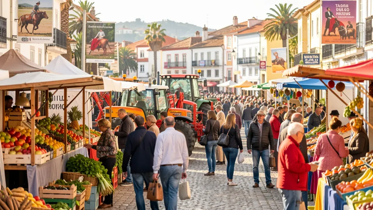 Feira agrícola transfronteiriça em Figueira de Castelo Rodrigo com produtos locais e maquinaria.