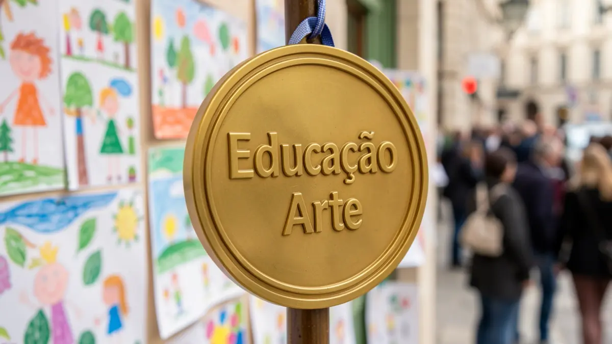 Generic image of a golden medal with inscriptions about education and art, on a blurred background of children's drawings.