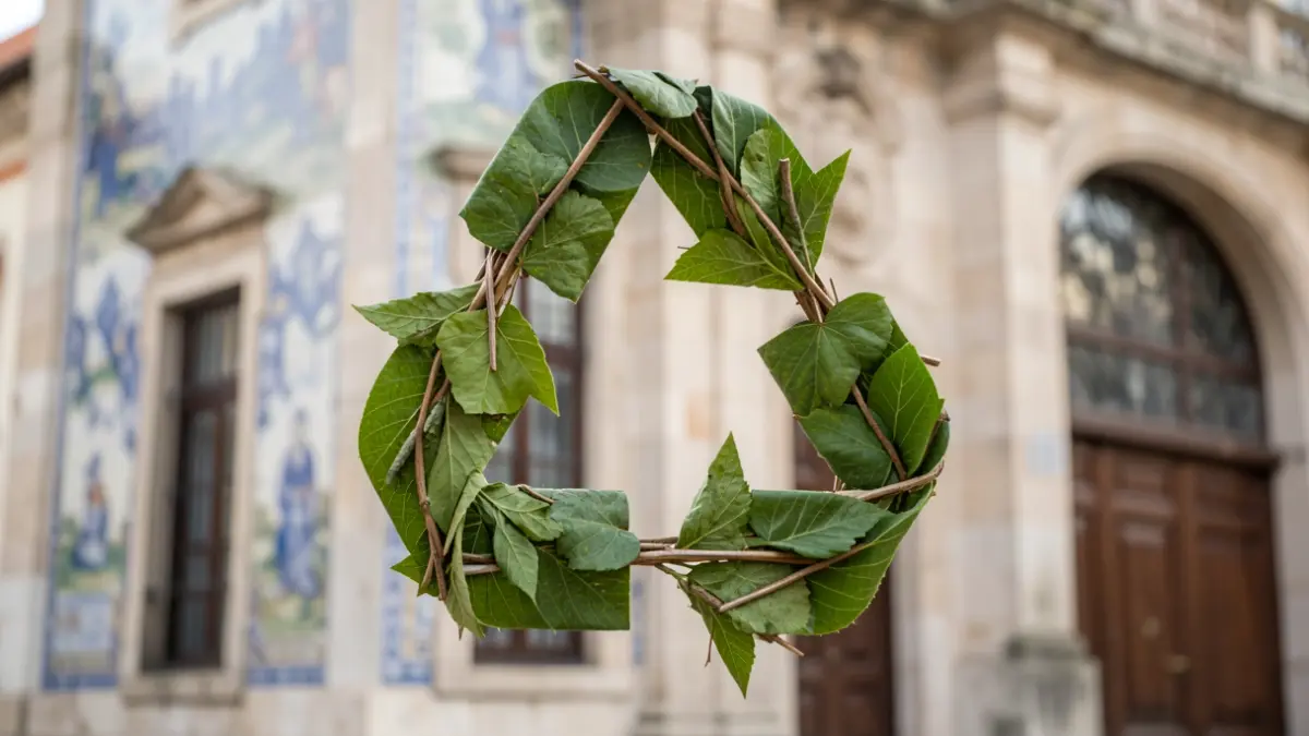 Símbolo de reciclaje hecho de hojas y ramas, con fachada de edificio municipal portugués al fondo.