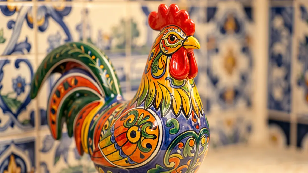 Imagem genérica de um galo de cerâmica tradicional portuguesa, com padrões intrincados e cores vibrantes, sobre um fundo desfocado de azulejos portugueses.