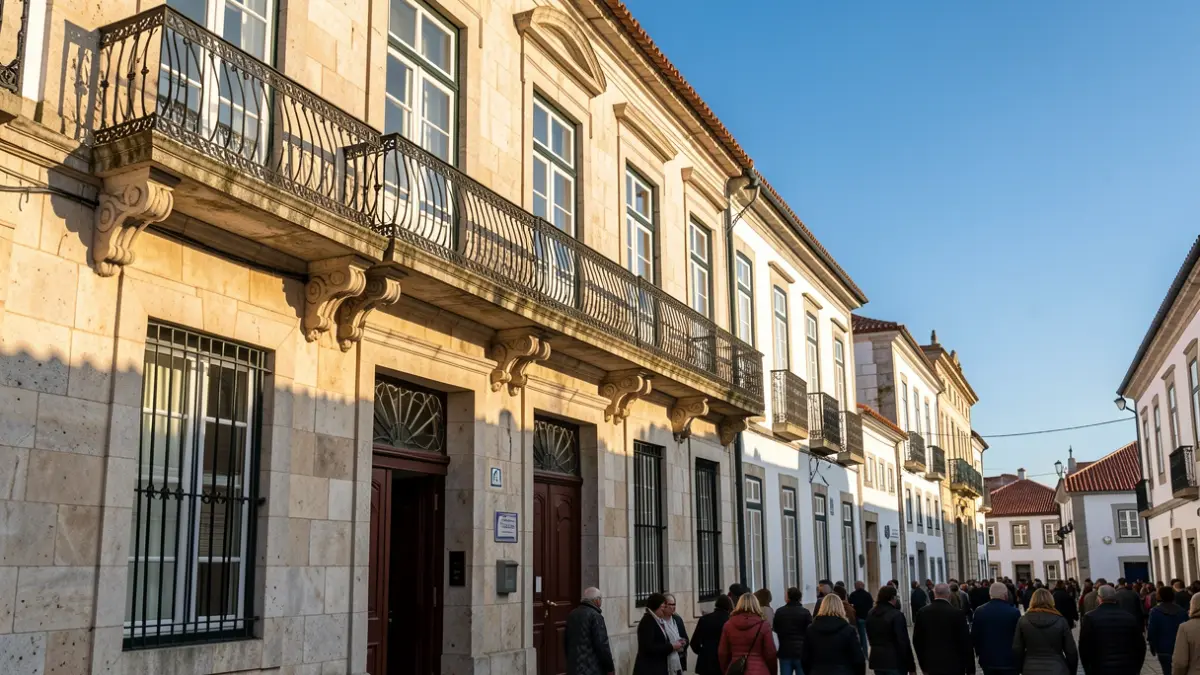 Imagem genérica de uma fachada de edifício municipal português com varanda ornamentada, sob luz solar de fim de tarde.