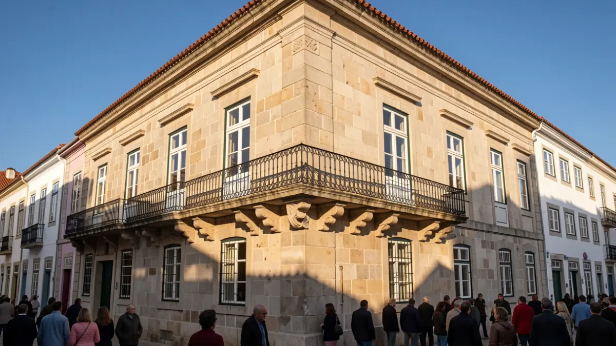 Fachada de uma Câmara Municipal em pedra com varanda ornamentada e iluminação solar de fim de tarde.