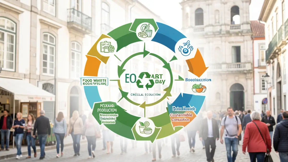 Imagen genérica de elementos abstractos representando la economía circular alimentaria, con un toque de arquitectura portuguesa.