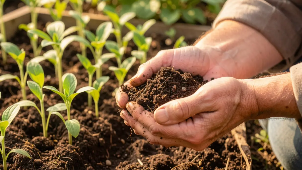 Generic image of hands holding soil and compost, with green plants in the background.