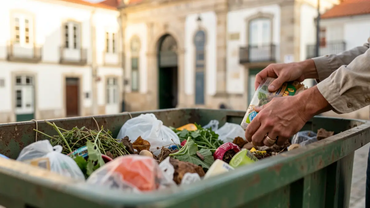 Generic image of a waste sorting point with organic waste being separated, with a blurred Portuguese town hall facade in the background. Natural light.