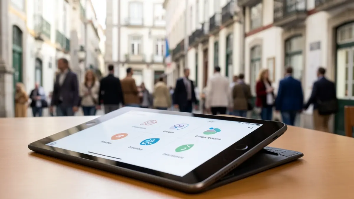 Generic image of a tablet screen with an accessible digital interface, in front of Portuguese architectural elements.