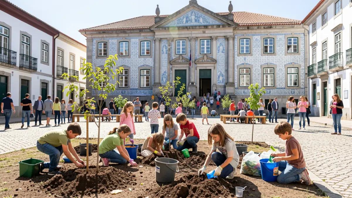 Imagem de crianças a participar em atividades ambientais num pátio escolar em Fornos de Algodres, com a Câmara Municipal ao fundo.