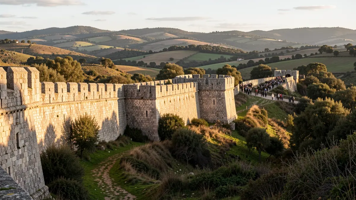 Generic image of an ancient stone military fortification, set in a Portuguese rural landscape with hills and vegetation, under warm afternoon light.