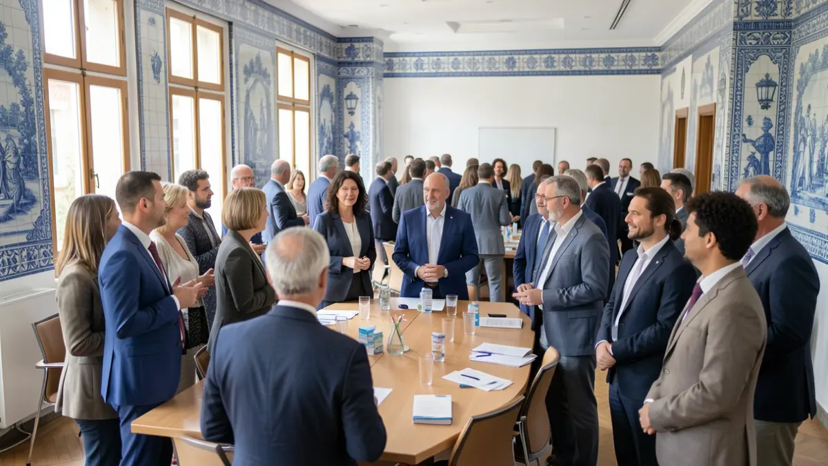 Imagem genérica de um grupo de profissionais de saúde e autarcas reunidos numa sala de conferências com elementos arquitetónicos portugueses.