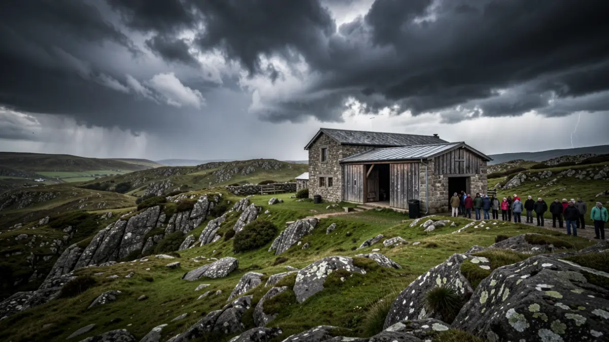 Fotografia de paisagem dramática da Casa Abrigo da Urzeira durante uma tempestade intensa, com nuvens escuras e luz natural forte.