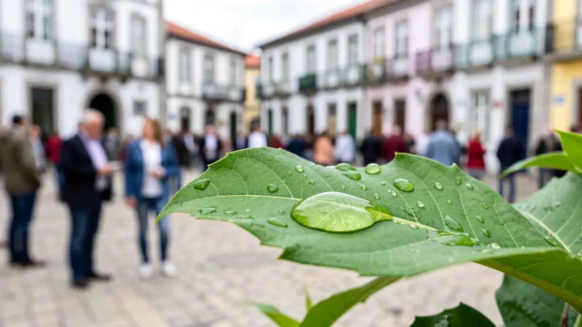 Imagem genérica de uma folha verde com uma gota de água, simbolizando cuidado ambiental, com um fundo desfocado de uma praça de uma vila portuguesa com arquitetura tradicional.