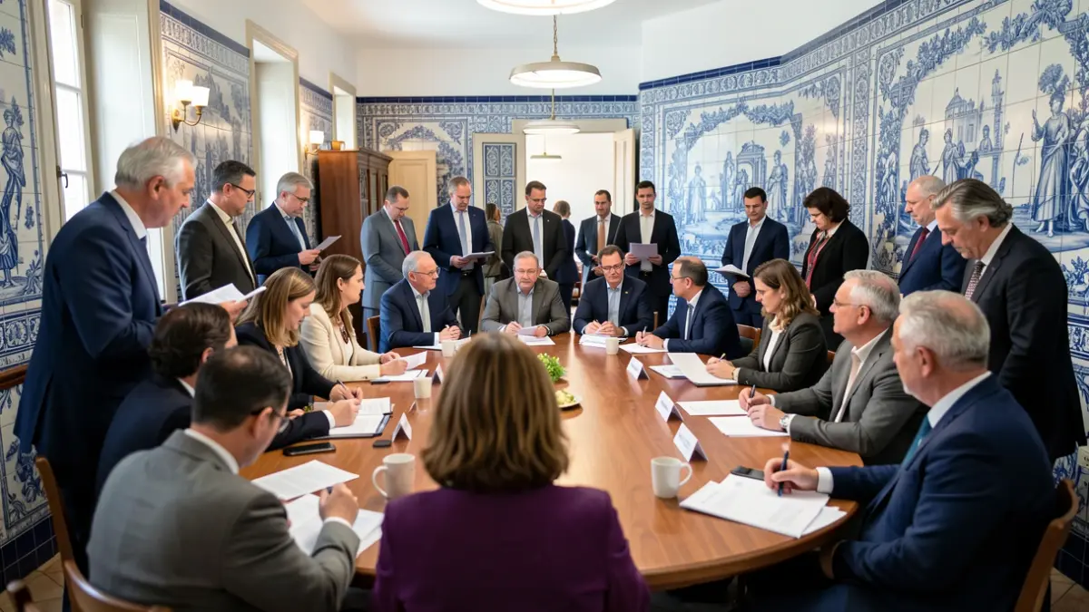 Image of a meeting of parish representatives in Gavião, featuring Portuguese architectural elements.