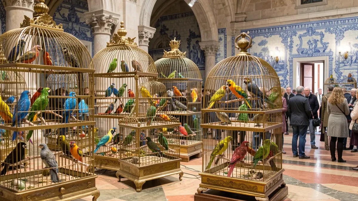Imagem genérica de diversas aves exóticas em gaiolas numa grande sala de exposições com elementos arquitetónicos portugueses.