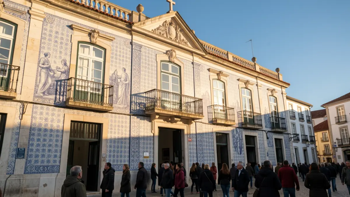Imagem genérica da fachada de um edifício municipal português com azulejos tradicionais.