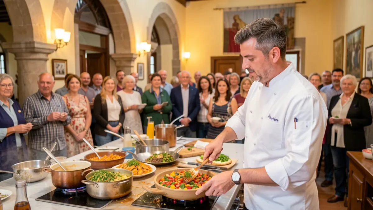 Imagen genérica de un evento de showcooking en una comunidad, con un chef preparando comida y público al fondo.