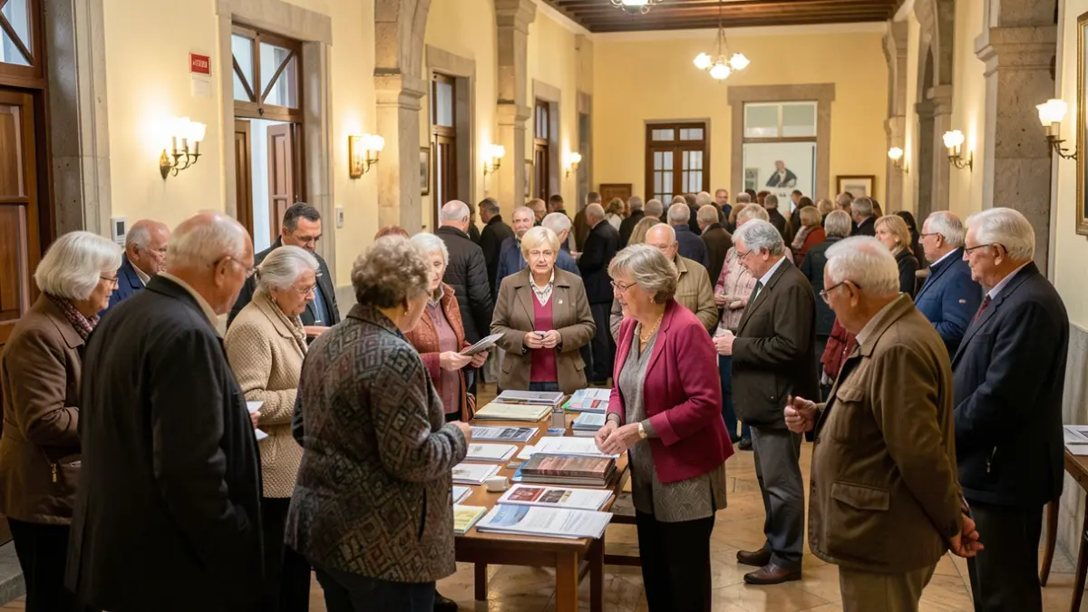 Imagen genérica de un grupo de personas mayores participando en una actividad en Funchal, con elementos de la arquitectura local.