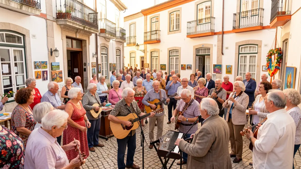 Imagem genérica de um evento cultural para idosos em Portugal, com elementos de música, dança e arte.