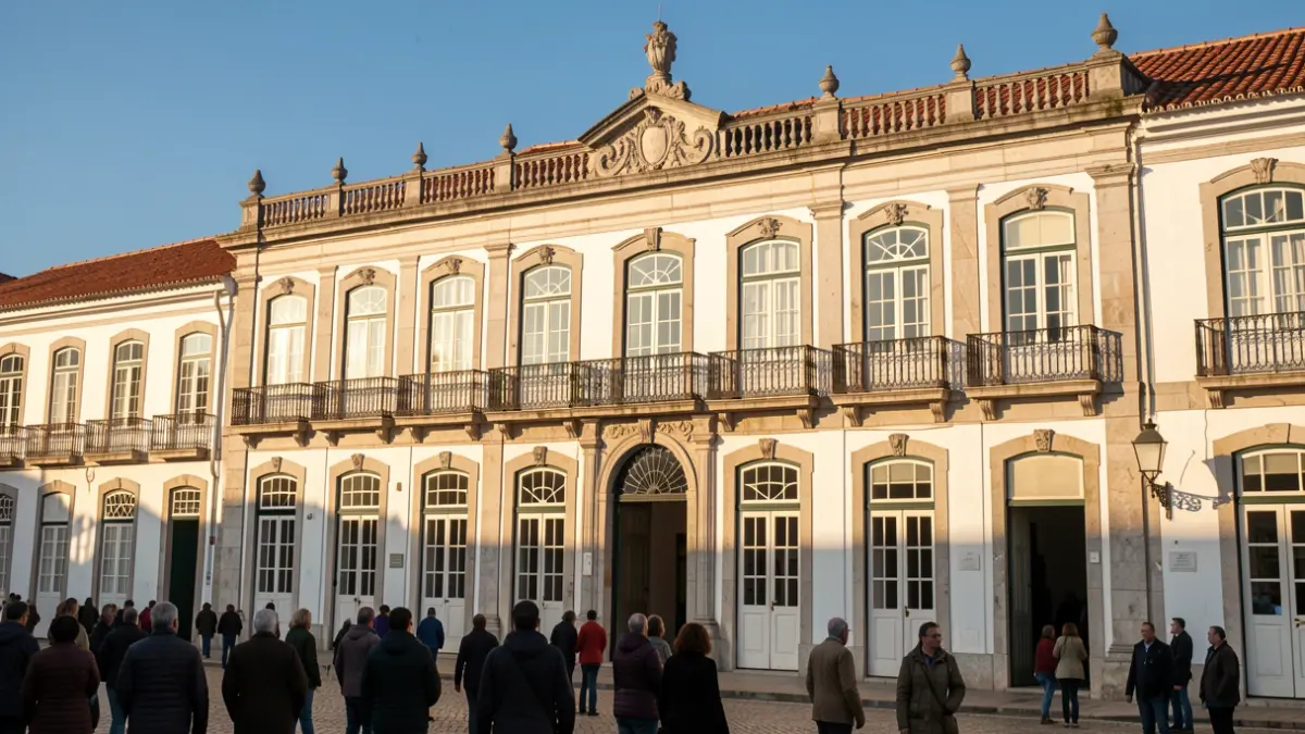 Facade of a municipal building in Funchal, featuring traditional architectural details and sunlight.