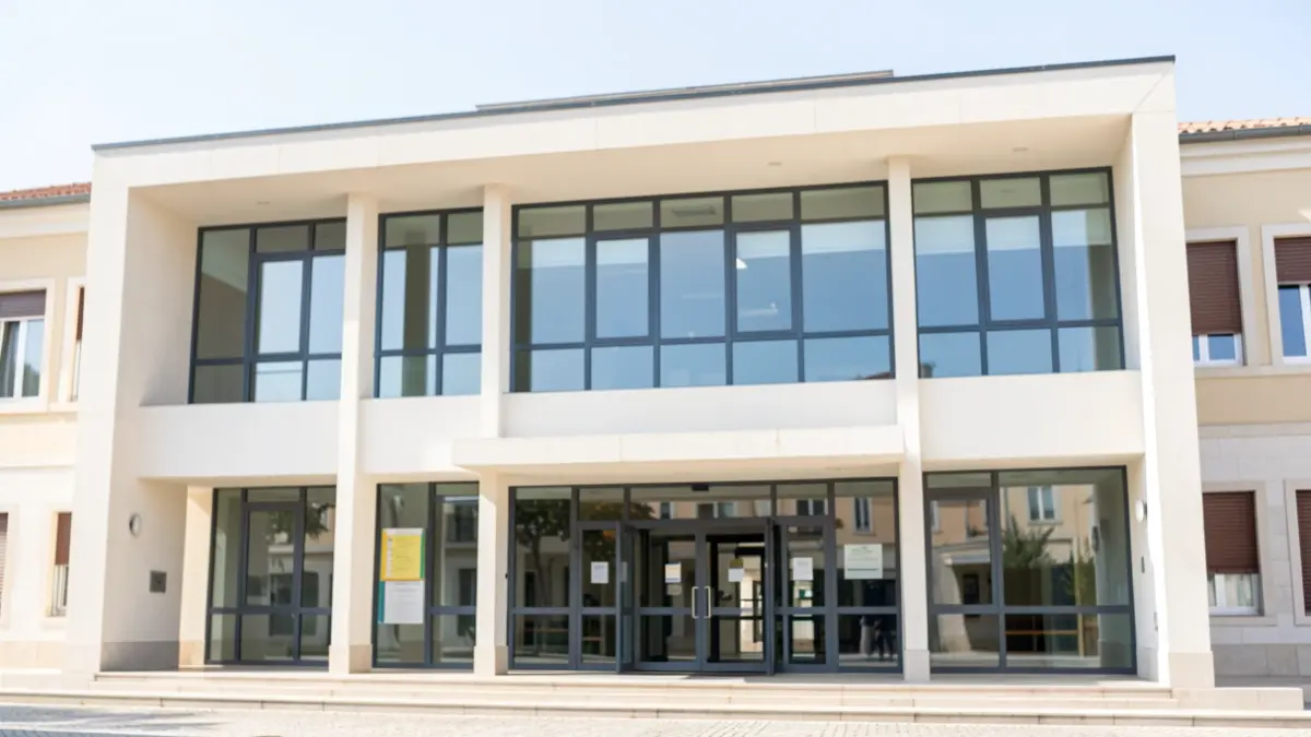 Generic image of a modern municipal building facade with large windows, in Portugal.