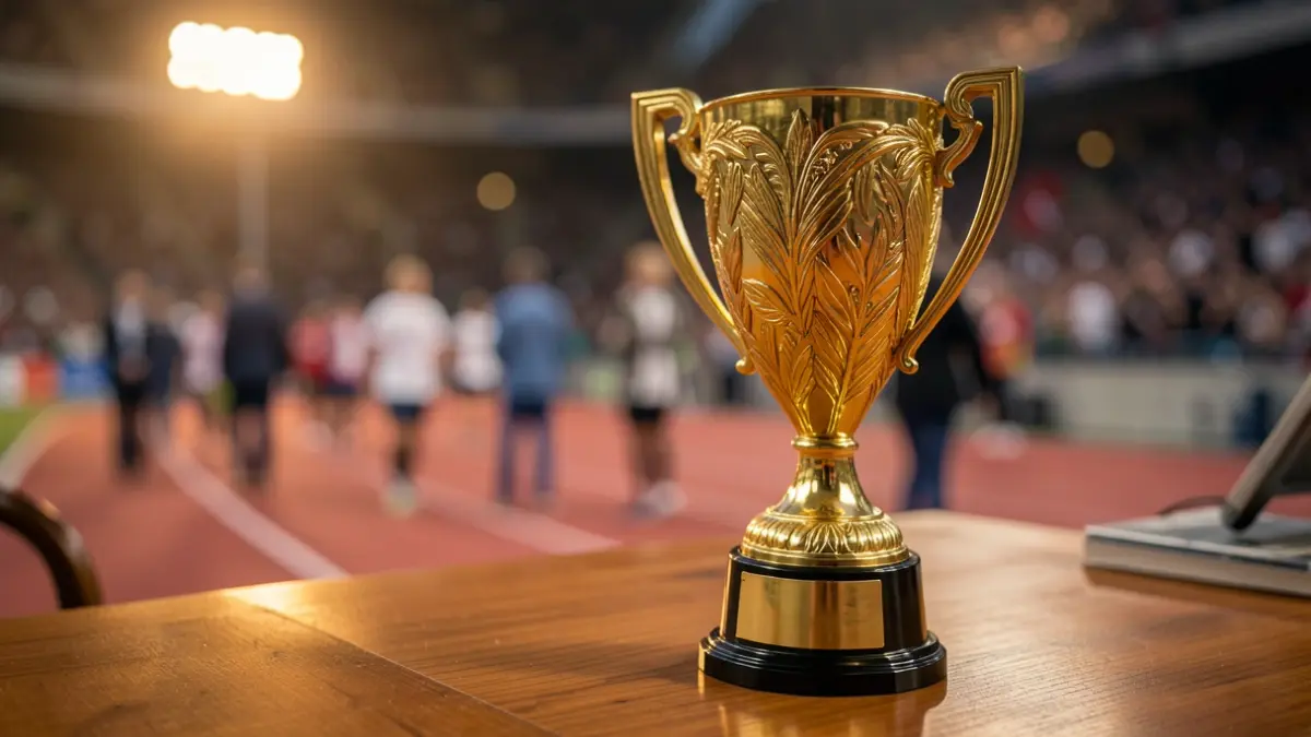 Generic image of a golden award trophy on a desk, with blurred sports elements in the background.