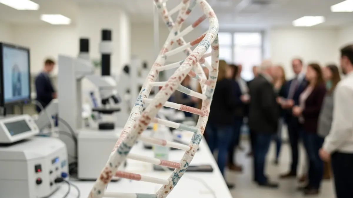 Generic image of a DNA helix model with blurred medical research equipment in the background.