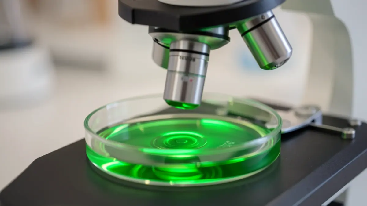 Imagem genérica de uma placa de Petri com líquido verde brilhante sob um microscópio, representando investigação científica.