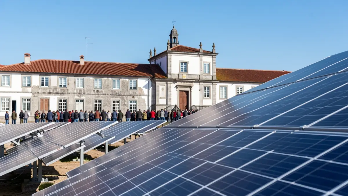 Imagen genérica de paneles solares con un edificio municipal portugués al fondo.