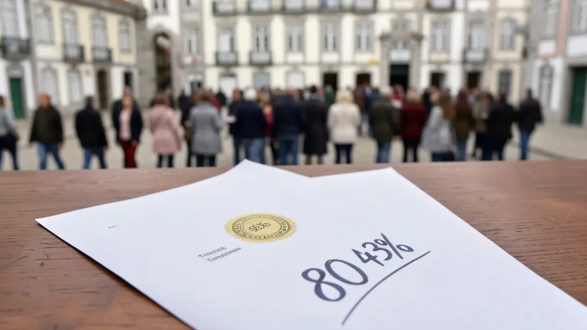 Generic image of a document with a seal and a score of 80.43%, representing transparency and good governance, on a wooden desk with blurred Portuguese architecture in the background.