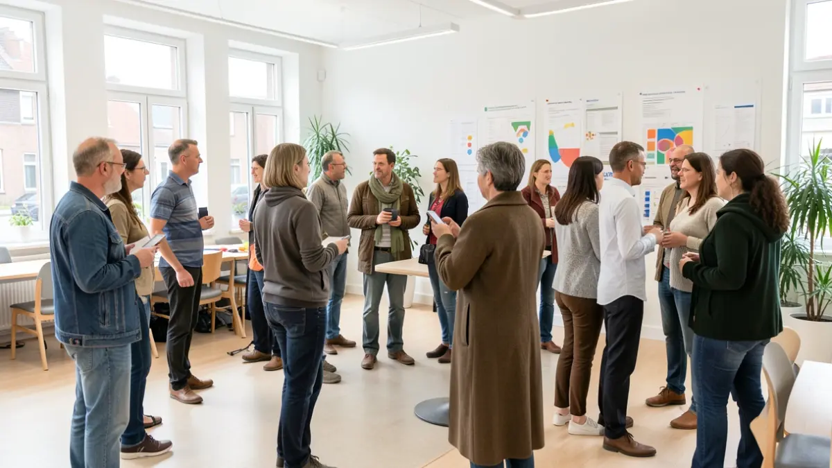 Imagem genérica de um grupo diverso de pessoas a participar num workshop num centro comunitário moderno.