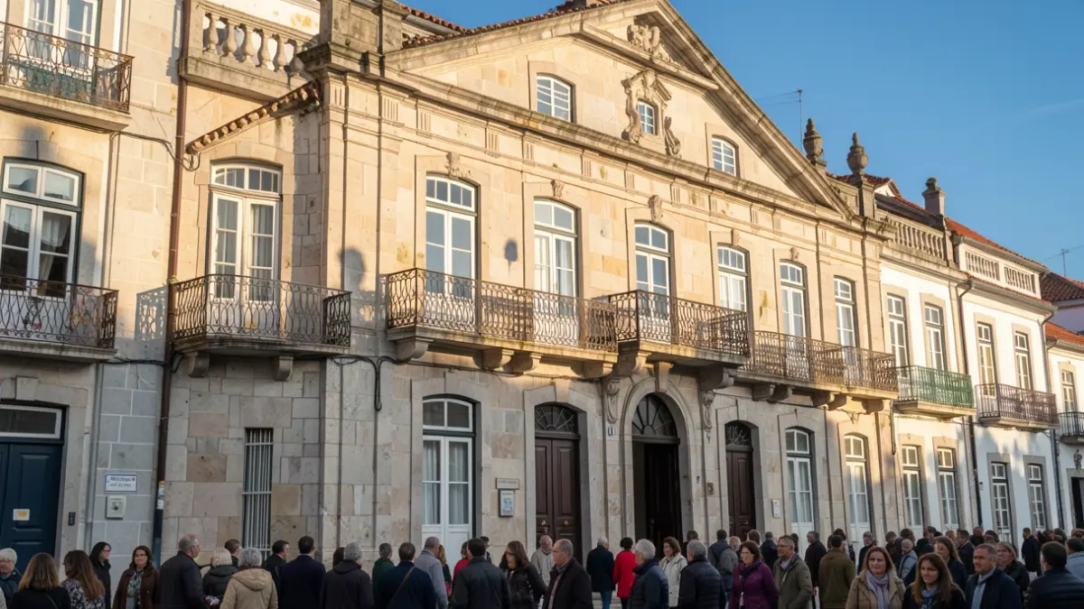 Facade of a town hall in Vila Nova de Gaia at dusk.